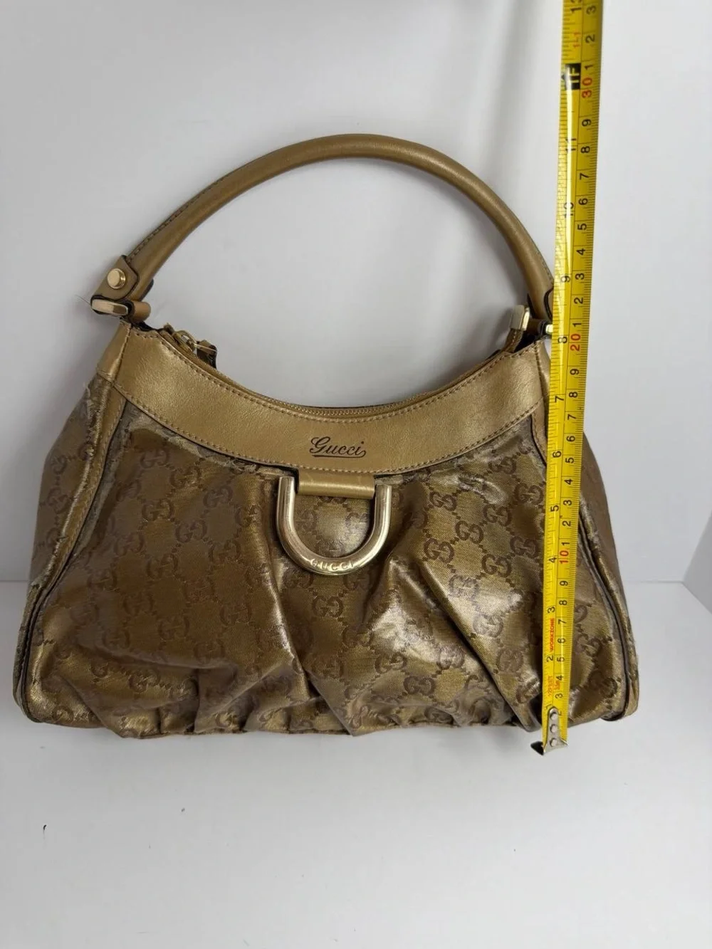 Gucci Abby Gold Leather Coated Monogram Canvas Hobo Shoulder Bag - Picture 3 of 16